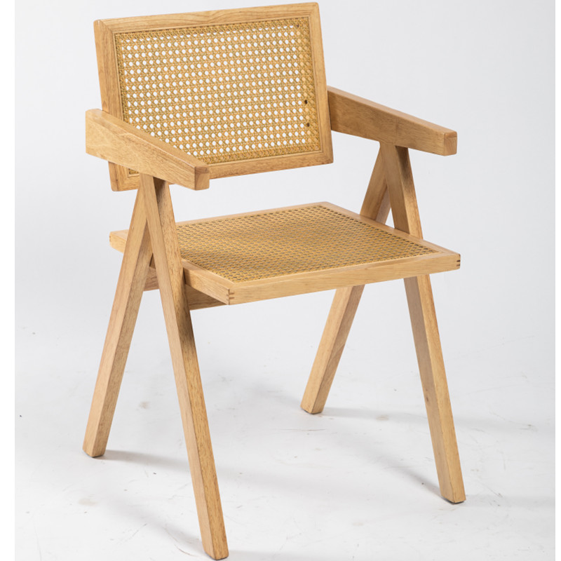 French design oak wood frame leisure accent chair Rattan backrest wooden living room armchair