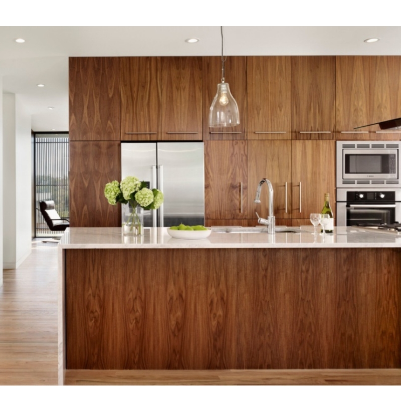 Custom wood veneer finished designer kitchen island cabinet for sale